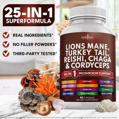 NEW AGE Lions Mane Mushroom Supplement with Turkey Tail, Reishi, Cordyceps, Chaga + Marshmallow Root – 120 Count
