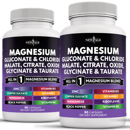 NEW AGE Magnesium Supplement - 2200mg of Glycinate, Citrate, Malate, Oxide, Taurate & More for Bone & Joint Support | 180 Count