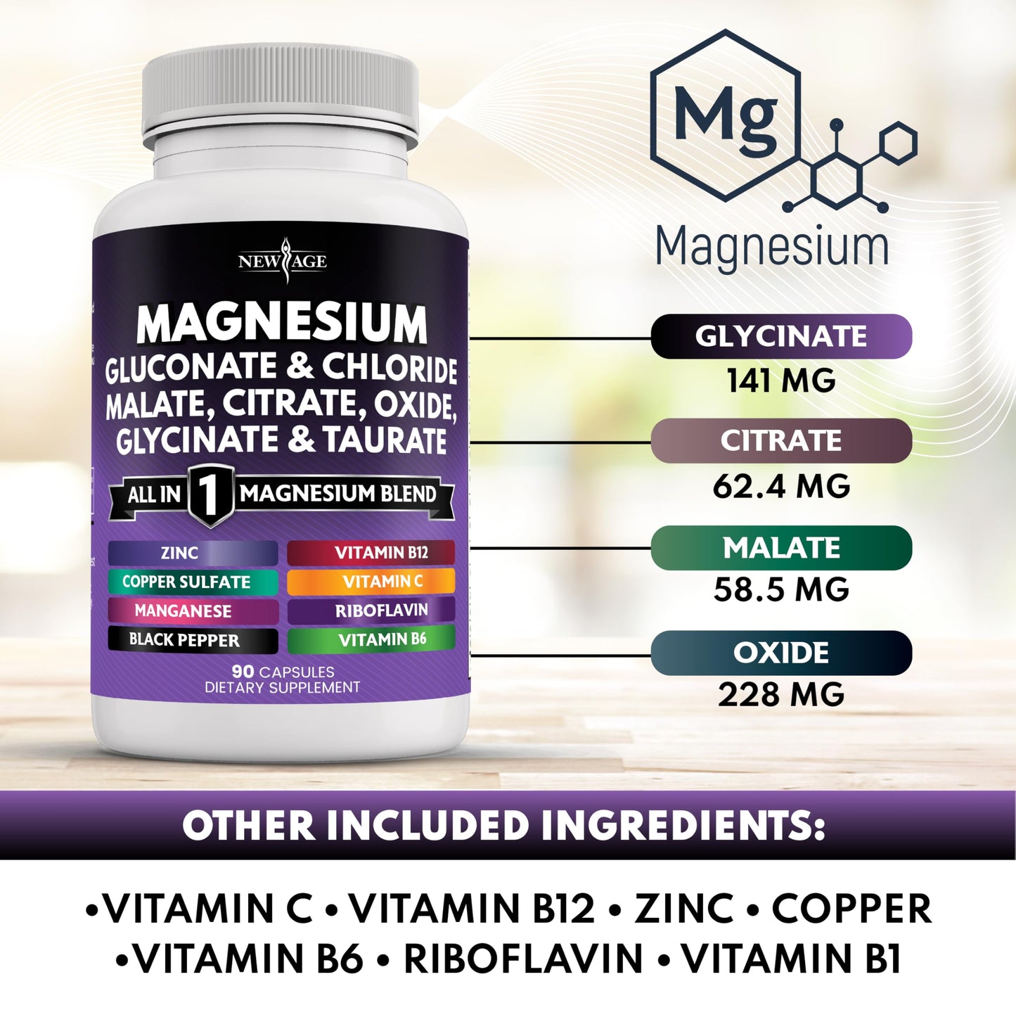 NEW AGE Magnesium Supplement - 2200mg of Glycinate, Citrate, Malate, Oxide, Taurate & More for Bone & Joint Support | 180 Count