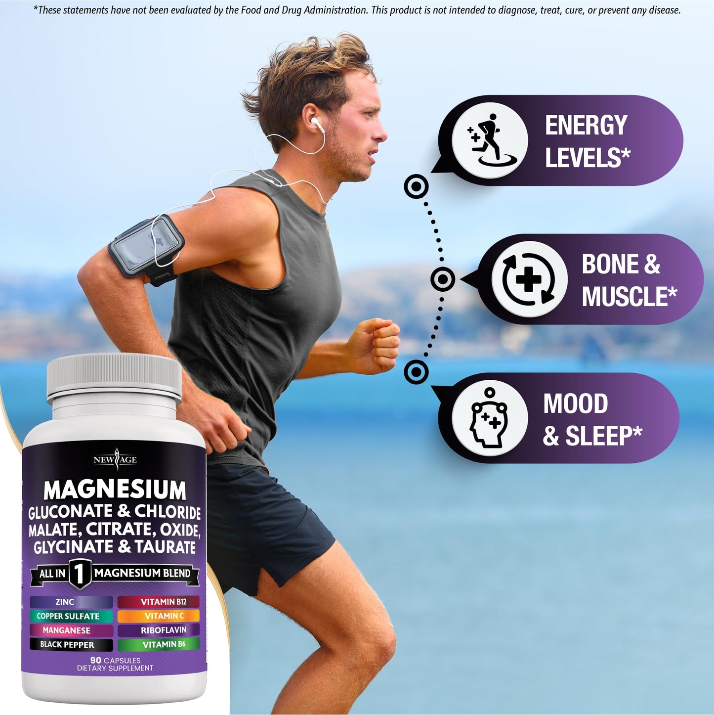 NEW AGE Magnesium Supplement - 2200mg of Glycinate, Citrate, Malate, Oxide, Taurate & More for Bone & Joint Support | 180 Count