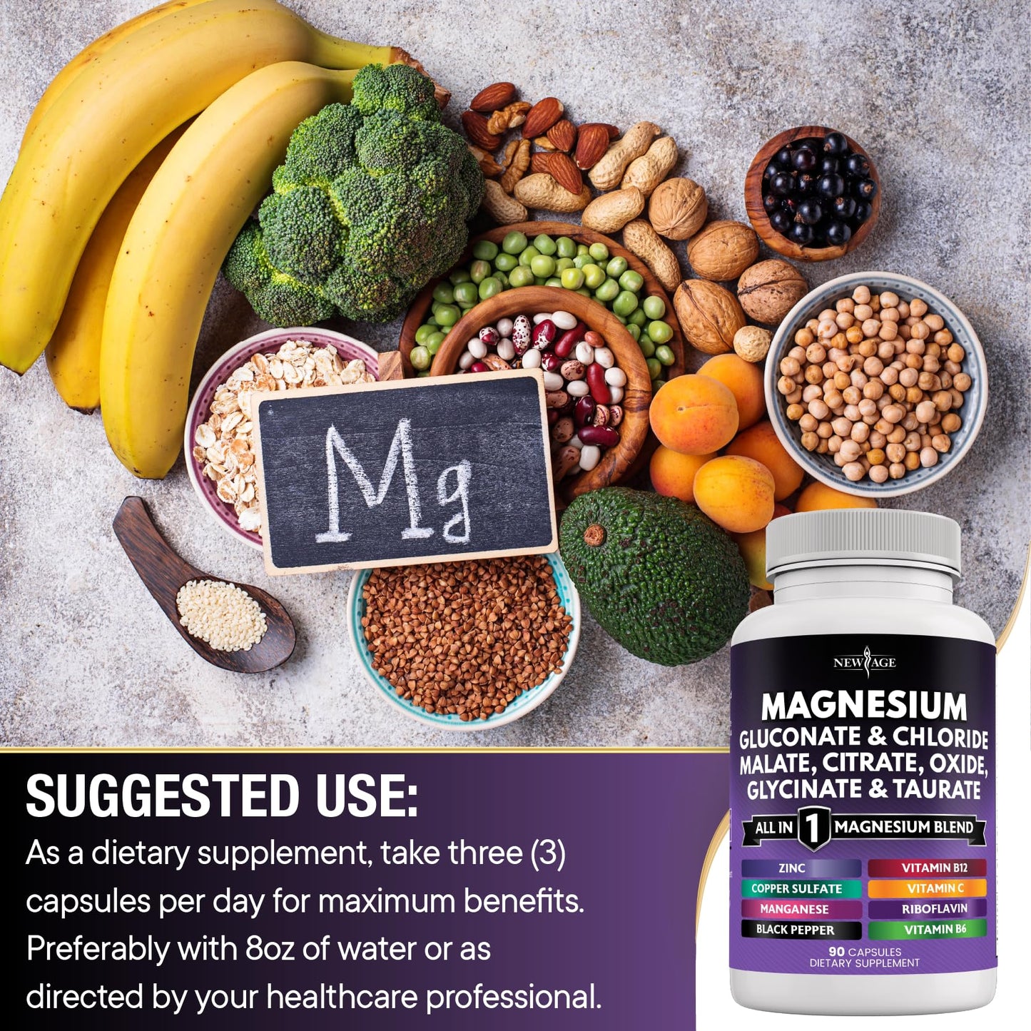 NEW AGE Magnesium Supplement - 2200mg of Glycinate, Citrate, Malate, Oxide, Taurate & More for Bone & Joint Support | 180 Count