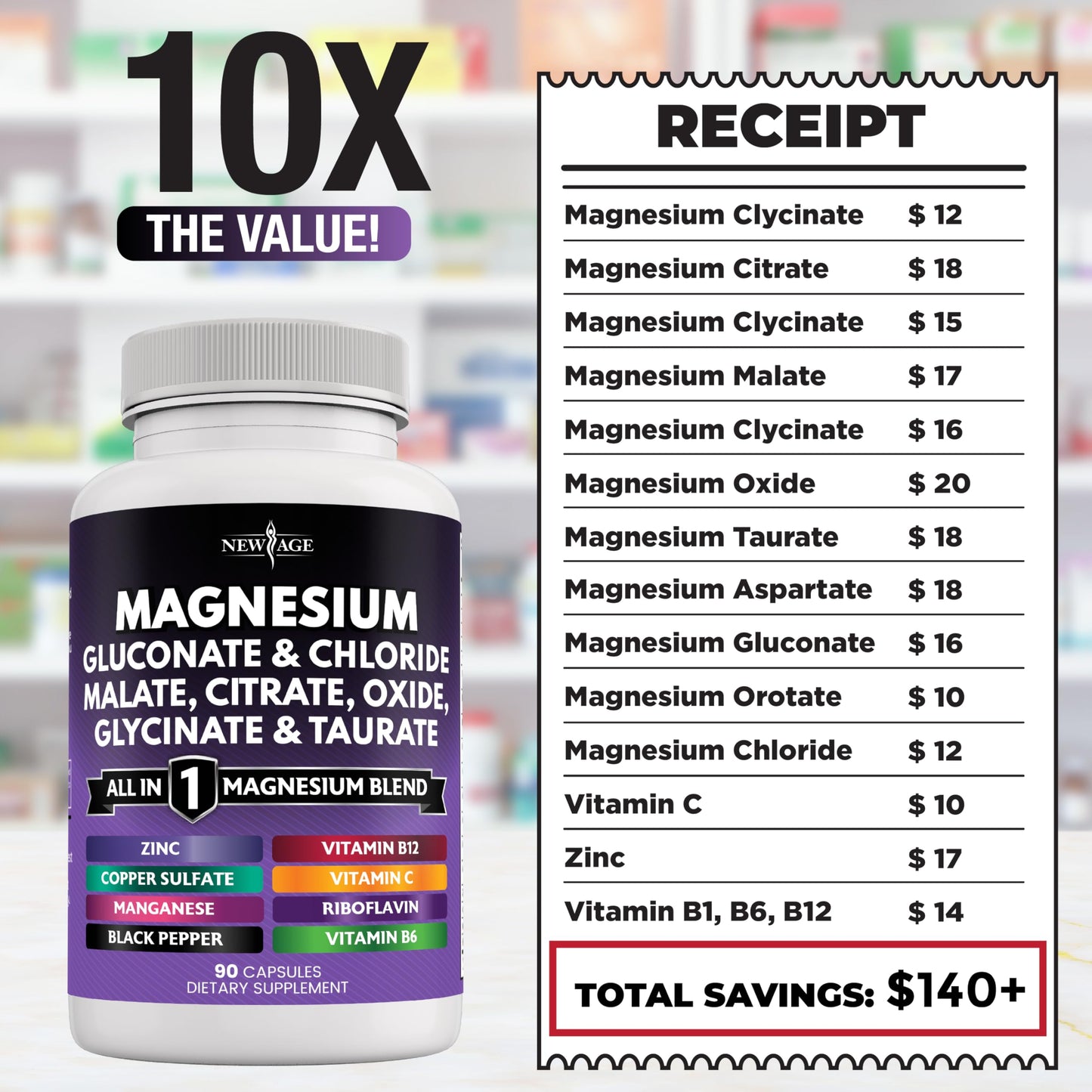 NEW AGE Magnesium Complex Supplement – 270 Count for Bone & Joint Support