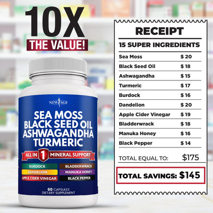 NEW AGE Sea Moss Capsules with Black Seed Oil, Ashwagandha & Turmeric – Gluten Free