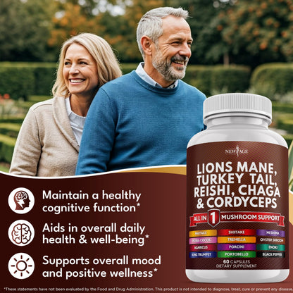 NEW AGE Lions Mane 20-in-1 Mushroom Supplement with Turkey Tail, Reishi, Chaga, Cordyceps, Marshmallow Root – 180 Count