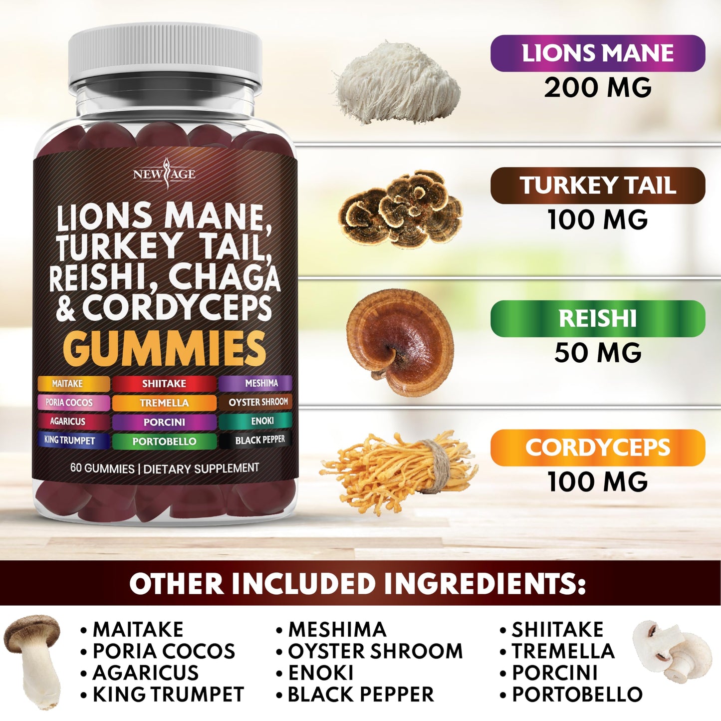 NEW AGE Mushroom Lion's Mane Gummies - 120 Count | Cognitive & Immune Support with Reishi & Cordyceps