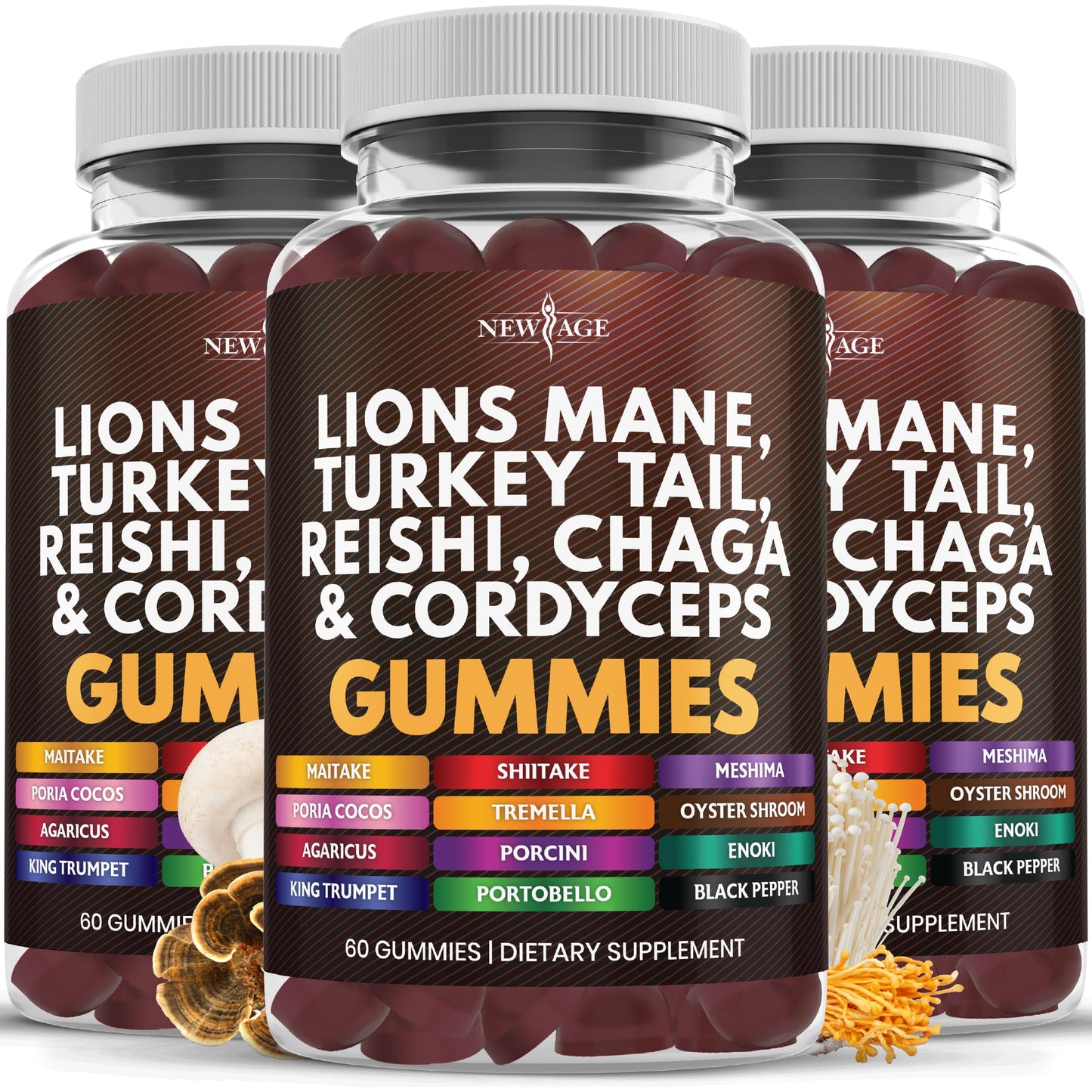 NEW AGE Mushroom Lion's Mane Gummies - 180 Count | 20+ Mushrooms, Reishi, Cordyceps | Made in USA