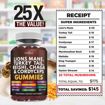 NEW AGE Mushroom Lion's Mane Gummies - 180 Count | 20+ Mushrooms, Reishi, Cordyceps | Made in USA