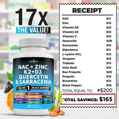 New Age NAC Supplement – N-Acetyl Cysteine with D3 & K2 | 60 Count