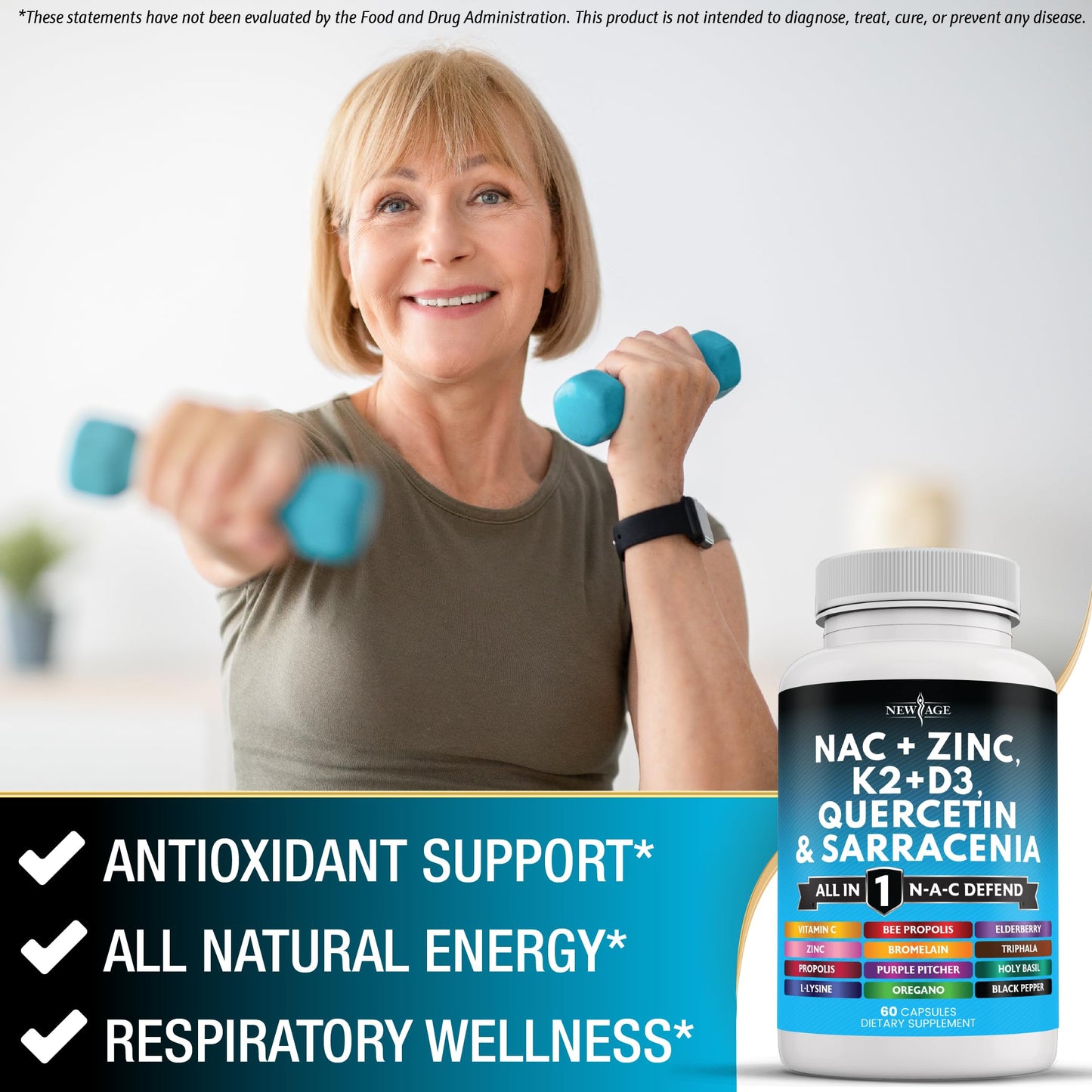 New Age NAC Supplement – N-Acetyl Cysteine with Vitamin D3, K2 & Zinc (120 ct)