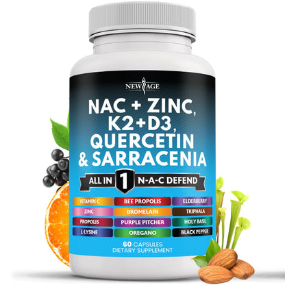 New Age NAC Supplement – N-Acetyl Cysteine with D3 & K2 | 60 Count