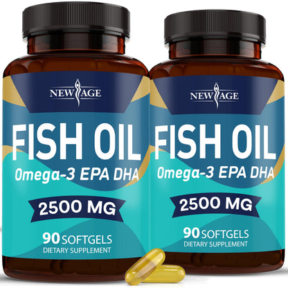 NEW AGE Omega 3 Fish Oil 2500mg Supplement - Non-GMO, Gluten Free | EPA & DHA 180 Softgels (Pack of 2)