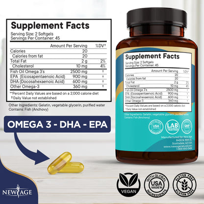 NEW AGE Omega 3 Fish Oil 2500mg Supplement - Non-GMO, Gluten Free | EPA & DHA 180 Softgels (Pack of 2)