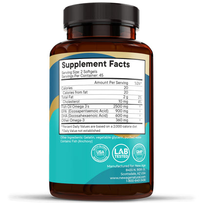 NEW AGE Omega 3 Fish Oil 2500mg Supplement - Non-GMO, Gluten Free | EPA & DHA 180 Softgels (Pack of 2)