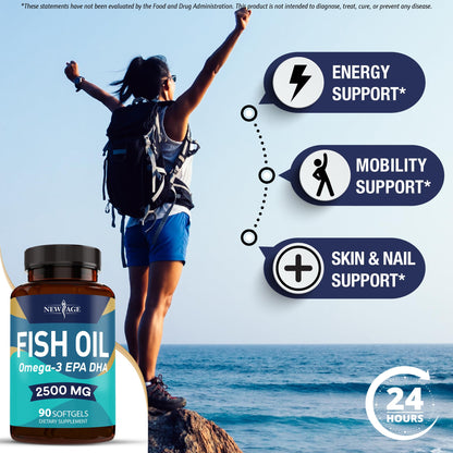 NEW AGE Omega 3 Fish Oil 2500mg Supplement - Non-GMO, Gluten Free | EPA & DHA 180 Softgels (Pack of 2)