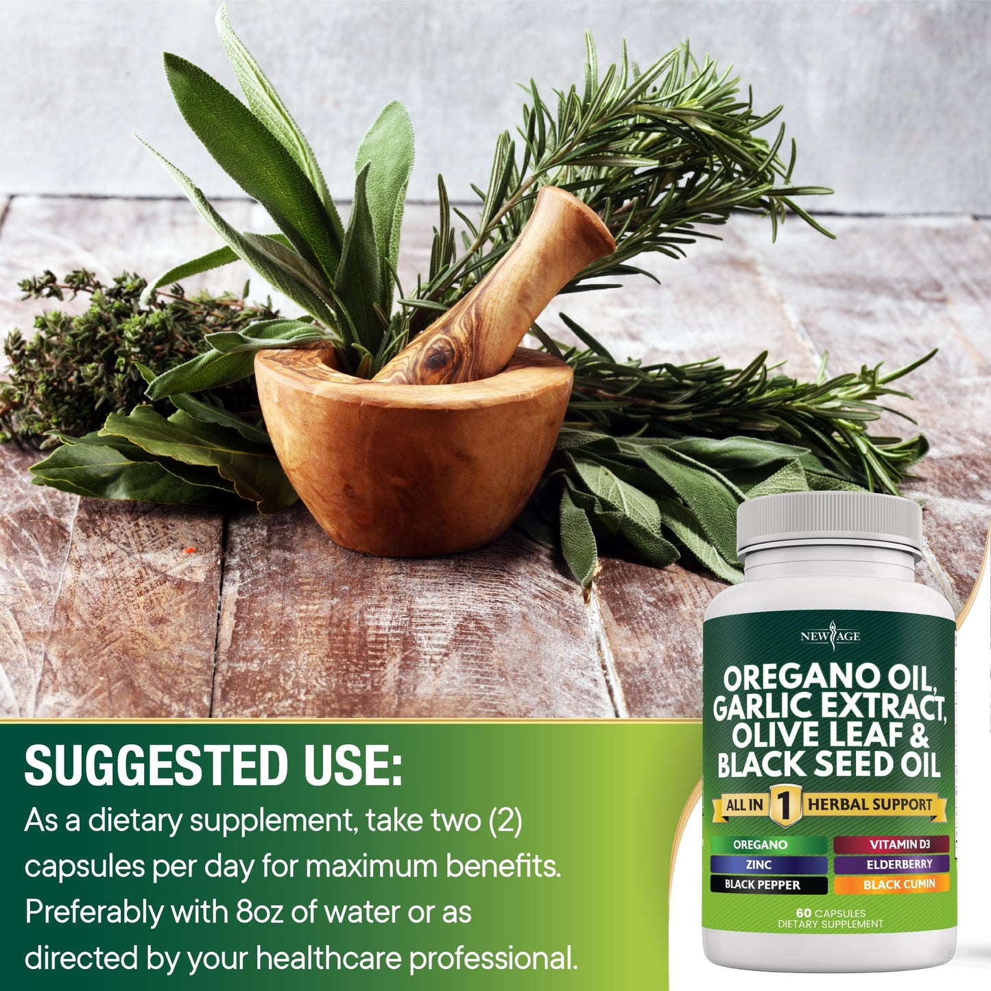 New Age Oregano Oil Garlic Extract Olive Leaf with Astragalus – 120 Count | Immune Support Supplement for Women & Men