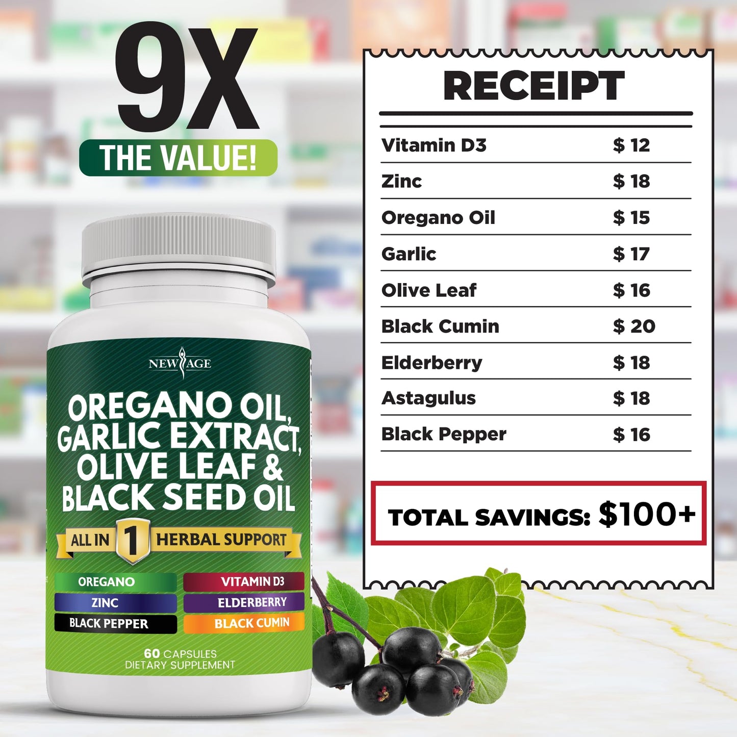 New Age Oregano Oil Garlic Extract Olive Leaf with Astragalus – 120 Count | Immune Support Supplement for Women & Men
