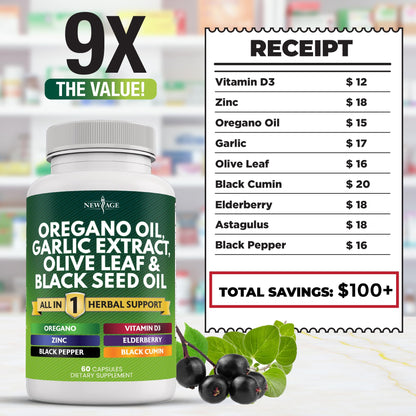 New Age Oregano Oil Garlic Extract Olive Leaf with Astragalus – 120 Count | Immune Support Supplement for Women & Men