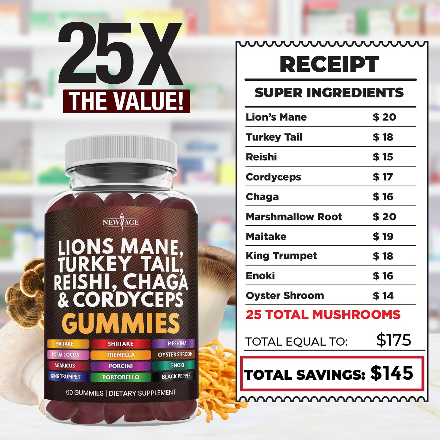 NEW AGE Mushroom Lion's Mane Gummies - 120 Count | Cognitive & Immune Support with Reishi & Cordyceps