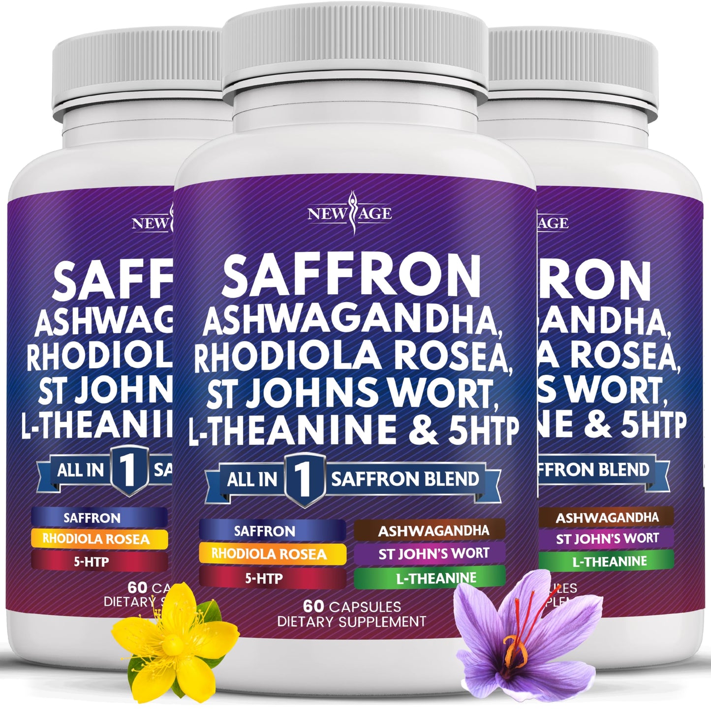 NEW AGE Saffron Supplements with Ashwagandha - 180 Count | L-Theanine, Ginkgo Biloba, St. John's Wort, Rhodiola & 5-HTP