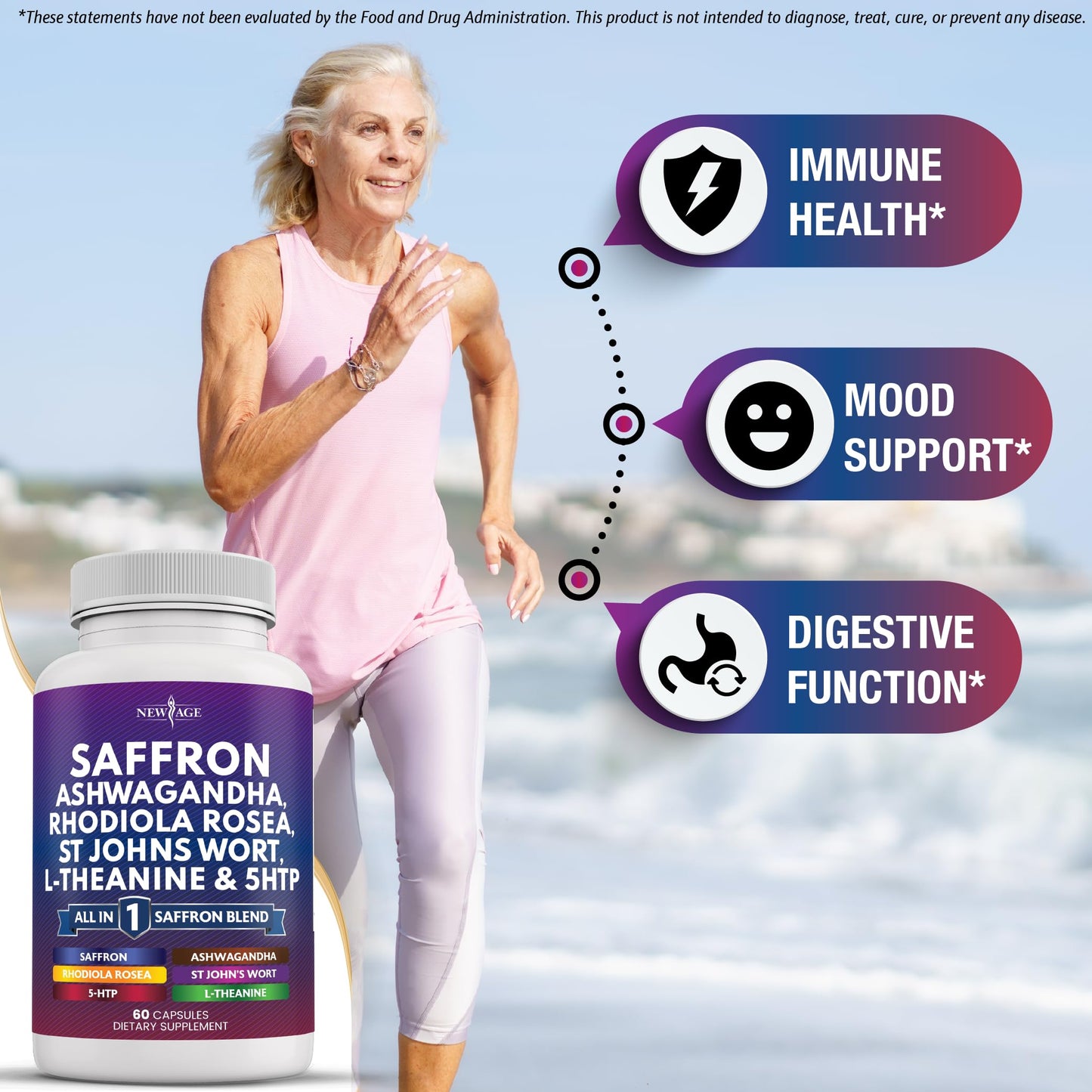 NEW AGE Saffron Supplements with Ashwagandha - 180 Count | L-Theanine, Ginkgo Biloba, St. John's Wort, Rhodiola & 5-HTP