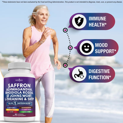 NEW AGE Saffron Supplements with Ashwagandha - 180 Count | L-Theanine, Ginkgo Biloba, St. John's Wort, Rhodiola & 5-HTP