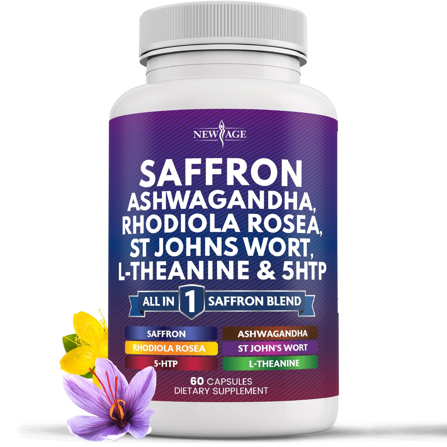 Saffron with Ashwagandha – L-Theanine, Ginkgo Biloba, Rhodiola Rosea, 5-HTP & St. John's Wort | 60 Count