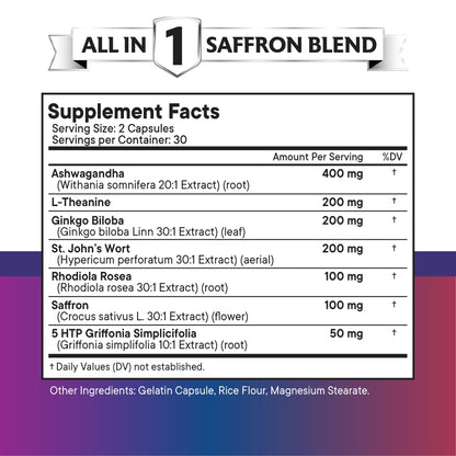 Saffron with Ashwagandha – L-Theanine, Ginkgo Biloba, Rhodiola Rosea, 5-HTP & St. John's Wort | 60 Count