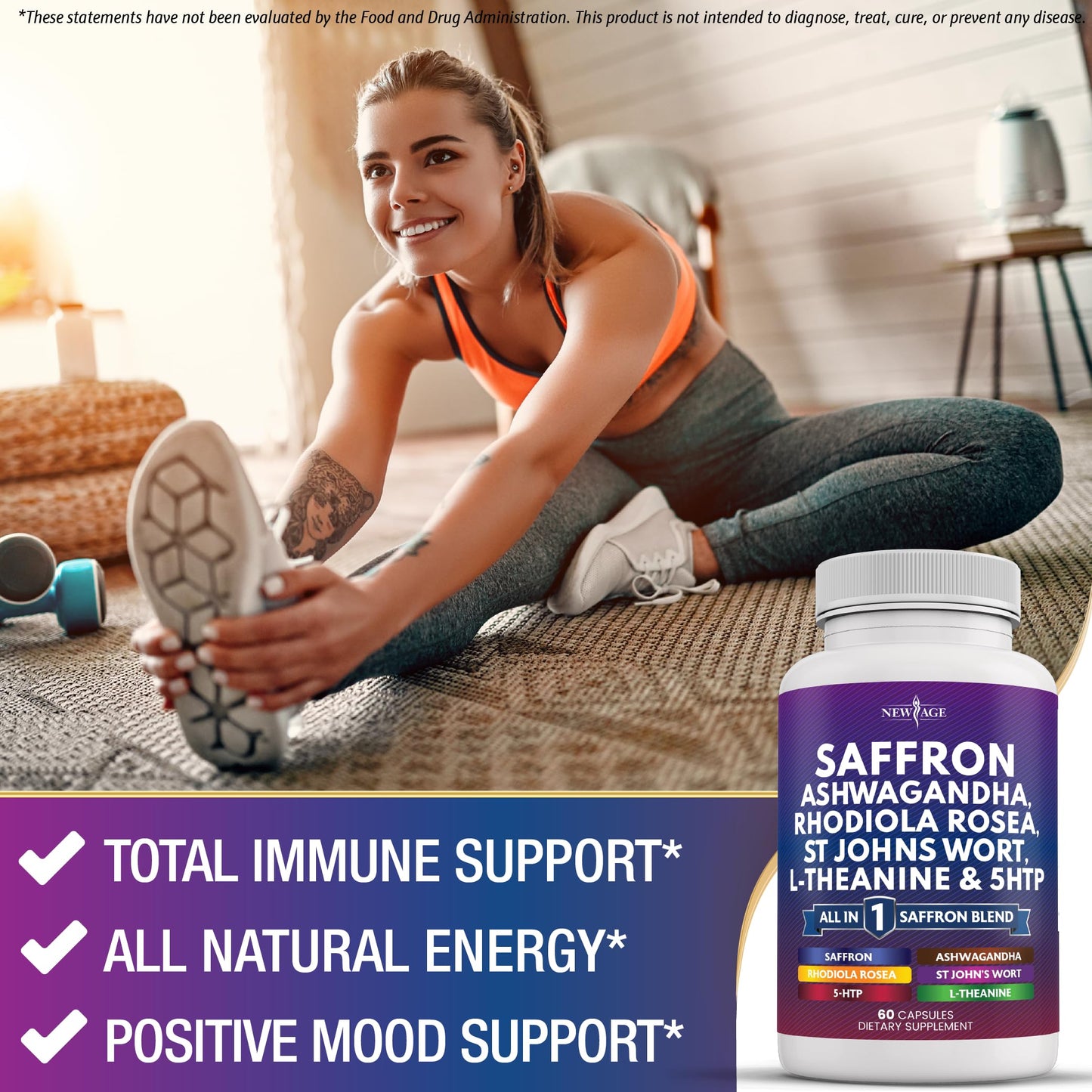 Saffron with Ashwagandha – L-Theanine, Ginkgo Biloba, Rhodiola Rosea, 5-HTP & St. John's Wort | 60 Count