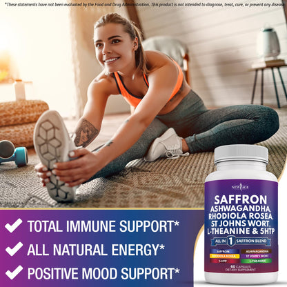 Saffron with Ashwagandha – L-Theanine, Ginkgo Biloba, Rhodiola Rosea, 5-HTP & St. John's Wort | 60 Count