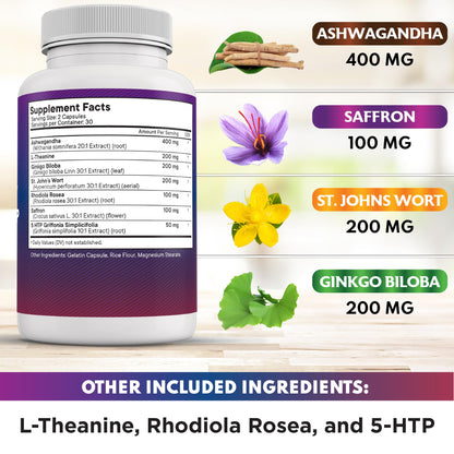 Saffron with Ashwagandha – L-Theanine, Ginkgo Biloba, Rhodiola Rosea, 5-HTP & St. John's Wort | 60 Count
