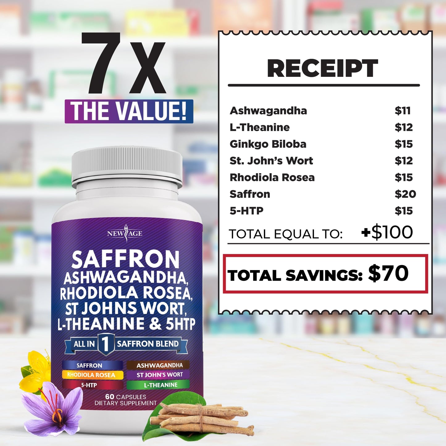 Saffron with Ashwagandha – L-Theanine, Ginkgo Biloba, Rhodiola Rosea, 5-HTP & St. John's Wort | 60 Count