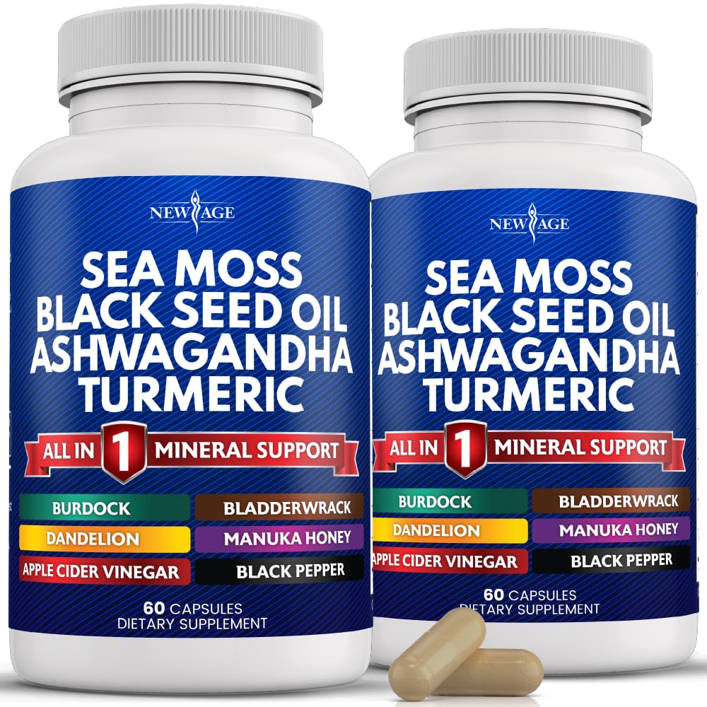 NEW AGE Sea Moss Capsules with Black Seed Oil, Ashwagandha & Turmeric – Gluten Free