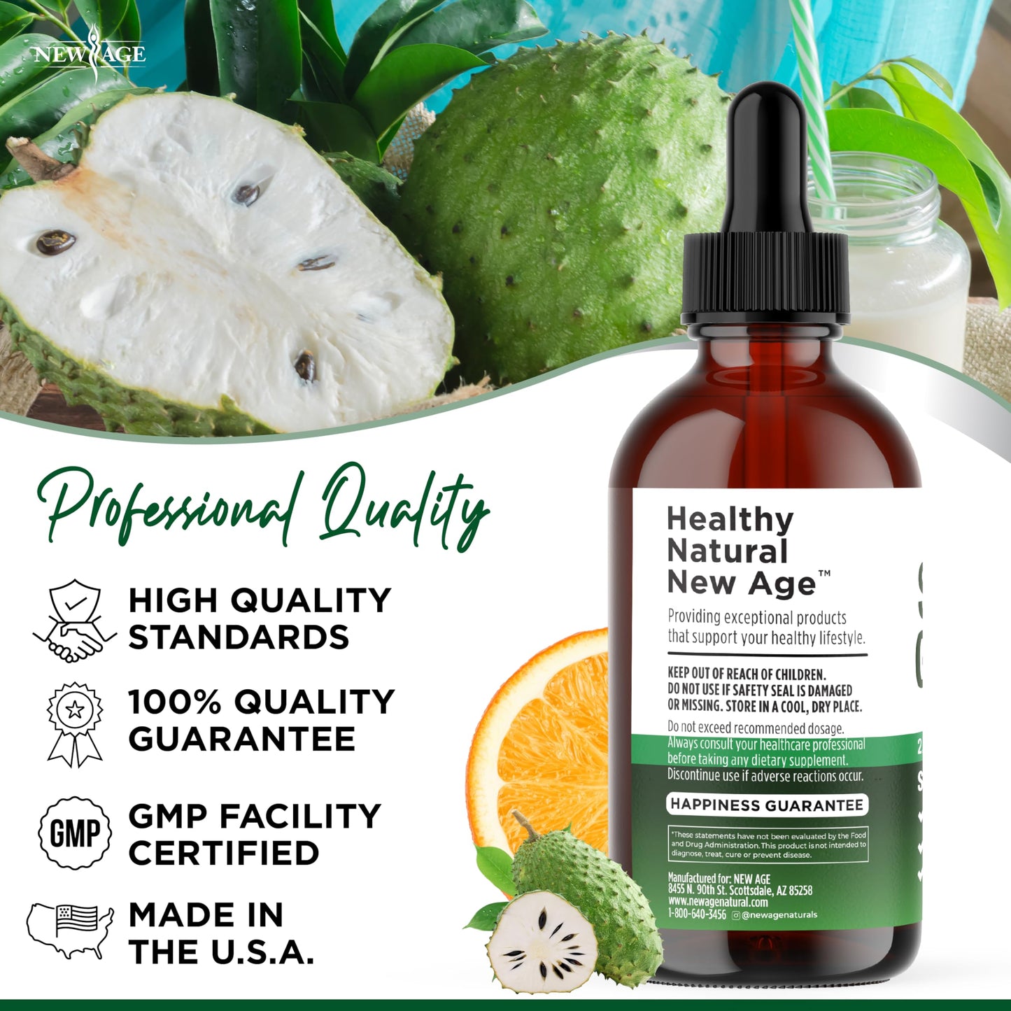 NEW AGE Soursop Drops - Soursop Bitters Liquid with Soursop Fruit and Leaves, Elderberry, Vitamin C and Olive Leaf - Multimineral & Vitamins Superfood - 2 oz
