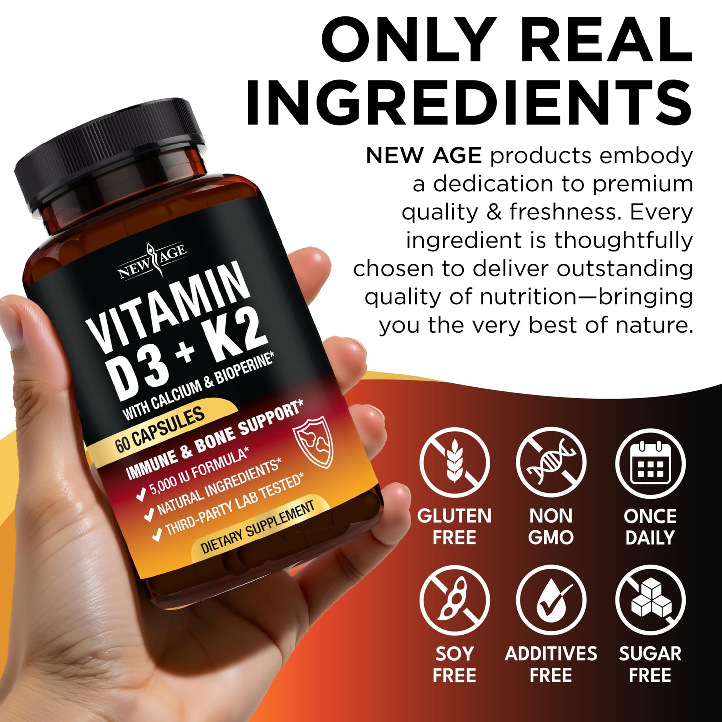 Vitamin D3 5,000 IU + K2 MK-7 100 mcg - 60 Capsules | Bone, Immune & Heart Support - Vegan & Non-GMO