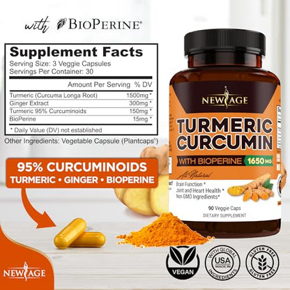 NEW AGE Turmeric Curcumin with Bioperine – 95% Curcuminoids, 90 Count, Non-GMO, Gluten Free