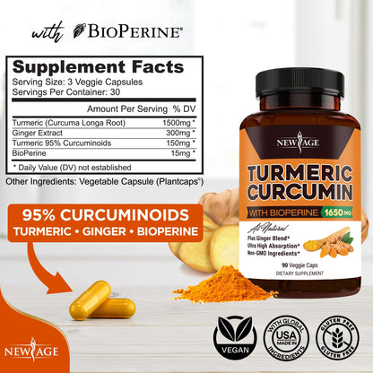 NEW AGE Turmeric Curcumin Capsules – 180 Count, Pack of 2, Standardized Curcuminoids