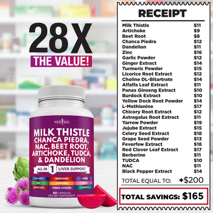 NEW AGE Liver Support – Milk Thistle, NAC, TUDCA, Chanca Piedra (60 Count)