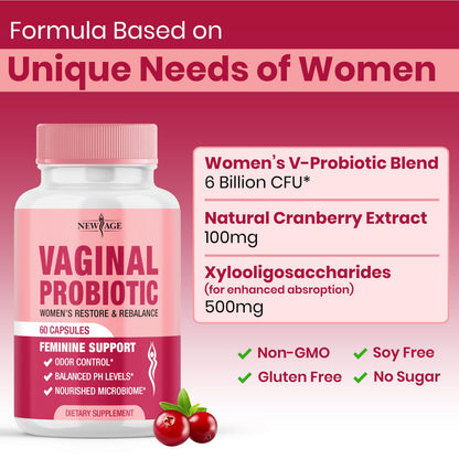 NEW AGE Vaginal Probiotics for Women – Prebiotics, Cranberry, Lactobacillus Blend | 60 Capsules