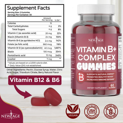 NEW AGE Vitamin B Complex Gummies – B3, B6, B12, Biotin, Folic Acid & Vitamin C | Gluten-Free, Vegan | Made in USA (120 Count Pack of 2)