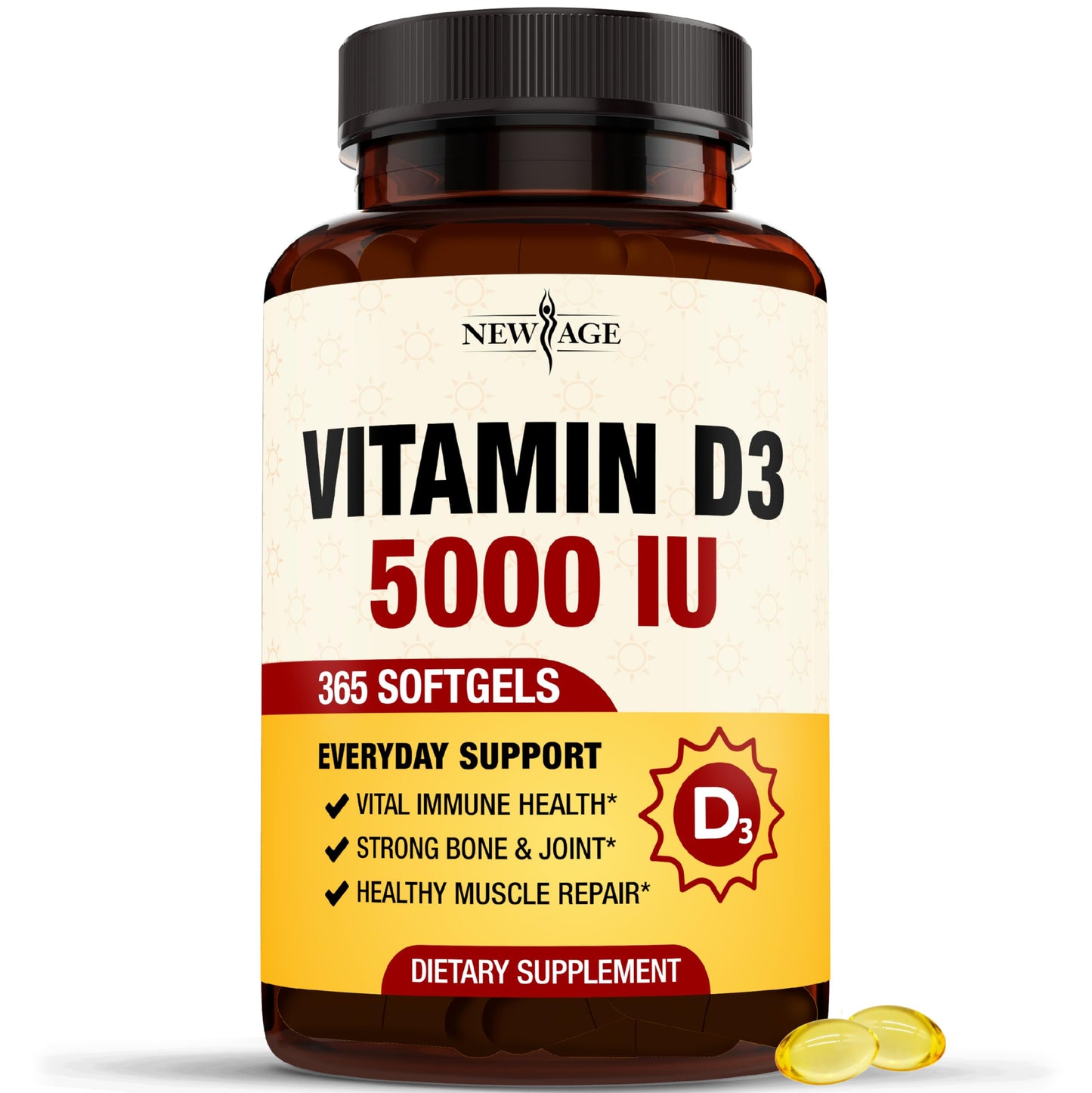 NEW AGE Vitamin D3 5000 IU Softgels – Immune Support, Strong Bones, Non-GMO, Gluten-Free (360 Softgels)