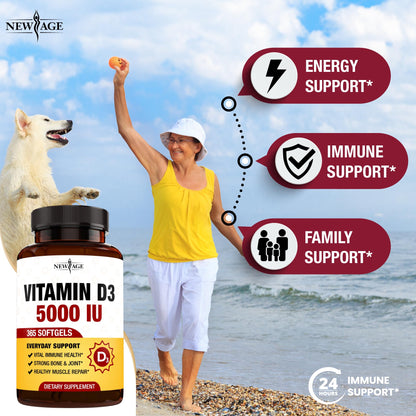 NEW AGE Vitamin D3 5000 IU Softgels – Immune Support, Strong Bones, Non-GMO, Gluten-Free (360 Softgels)