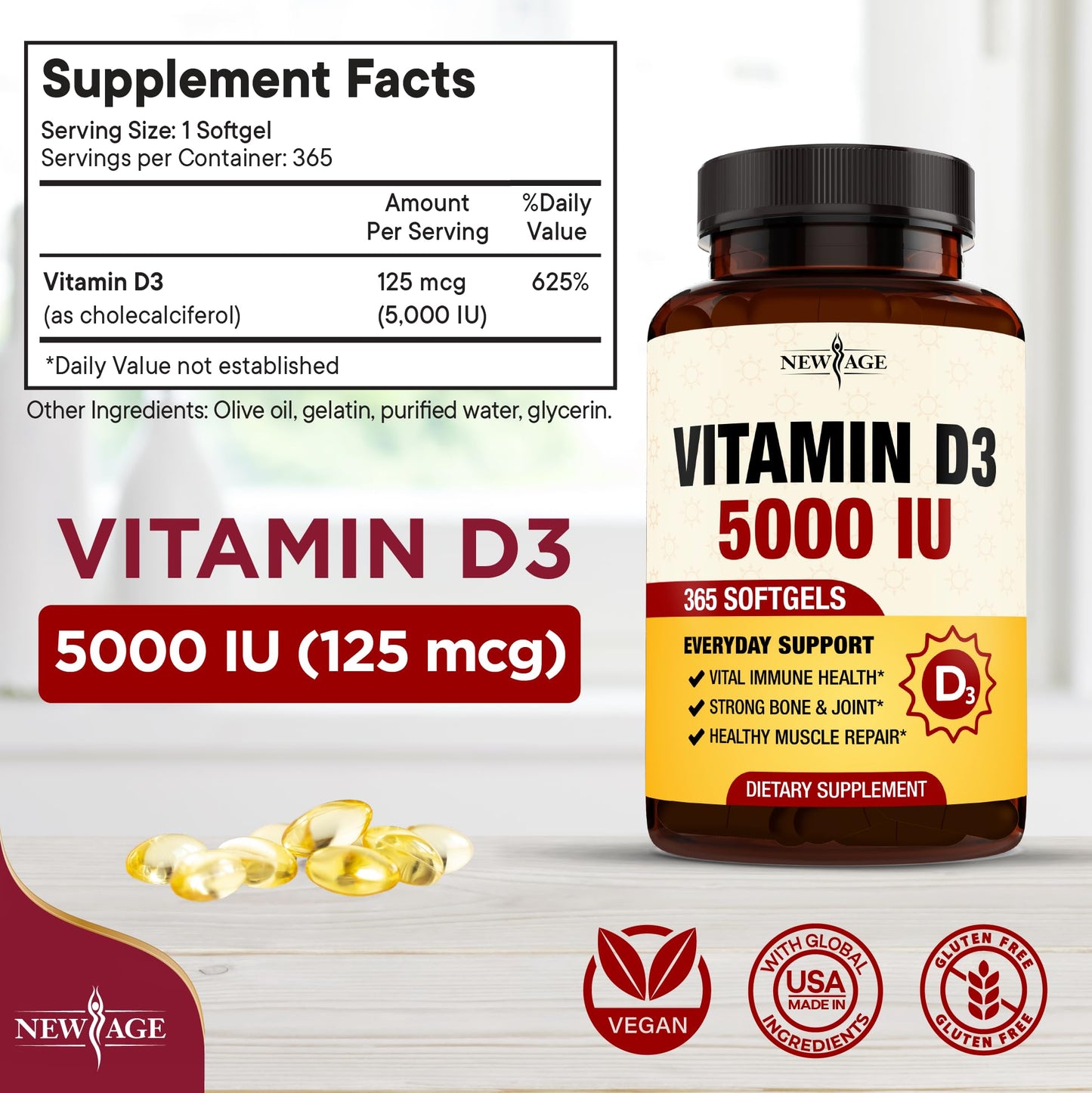 NEW AGE Vitamin D3 5000 IU Softgels – Immune Support, Strong Bones, Non-GMO, Gluten-Free (360 Softgels)