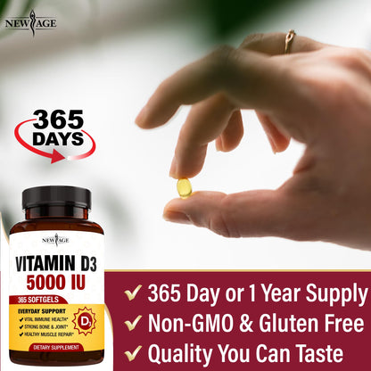 NEW AGE Vitamin D3 5000 IU Softgels – Immune Support, Strong Bones, Non-GMO, Gluten-Free (360 Softgels)