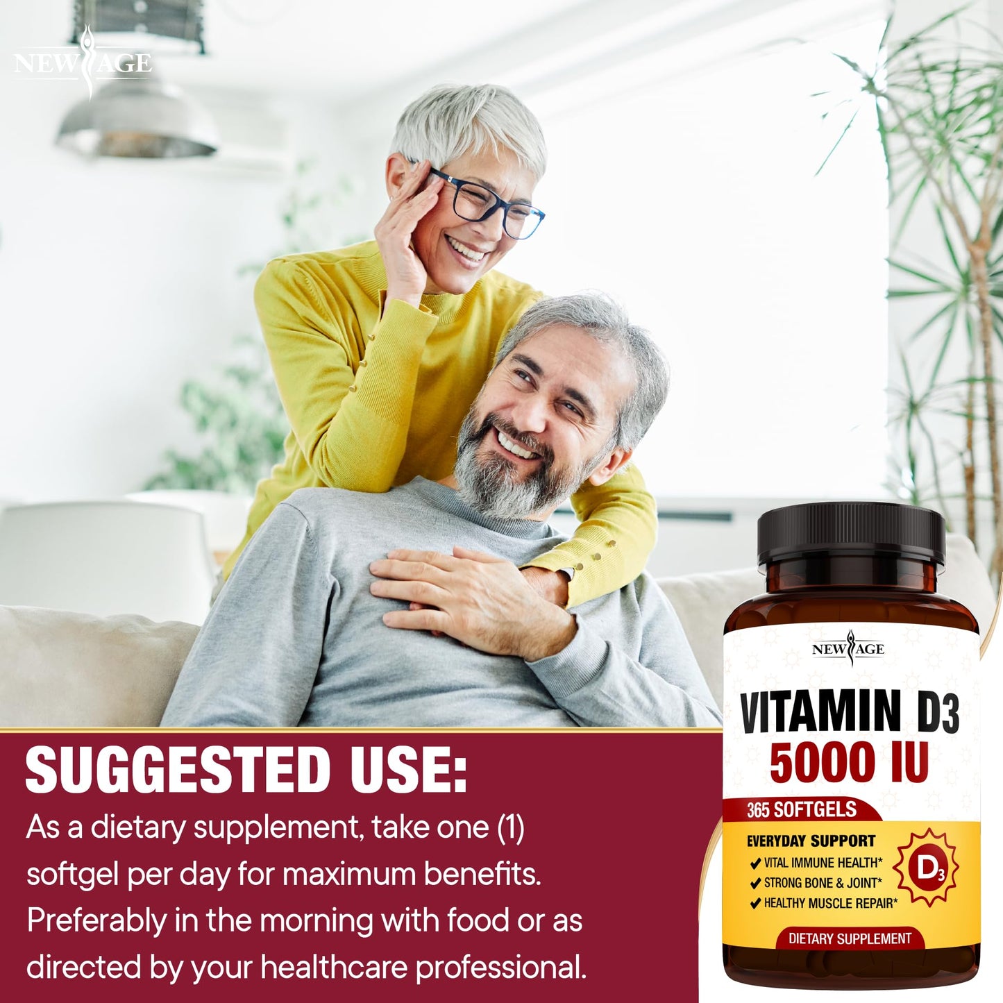 NEW AGE Vitamin D3 5000 IU Softgels – Immune Support, Strong Bones, Non-GMO, Gluten-Free (360 Softgels)