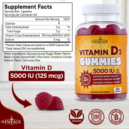 NEW AGE Vitamin D3 5000 IU Gummies – Immune & Bone Health, Non-GMO