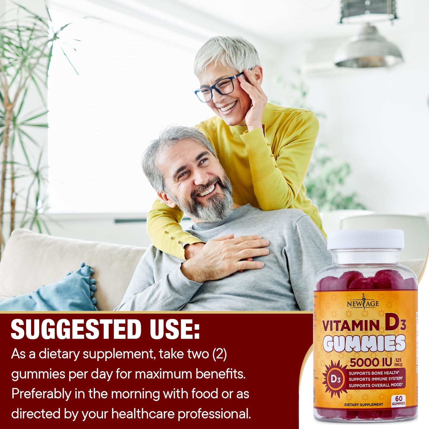 NEW AGE Vitamin D3 5000 IU Gummies – Immune & Bone Health, Non-GMO