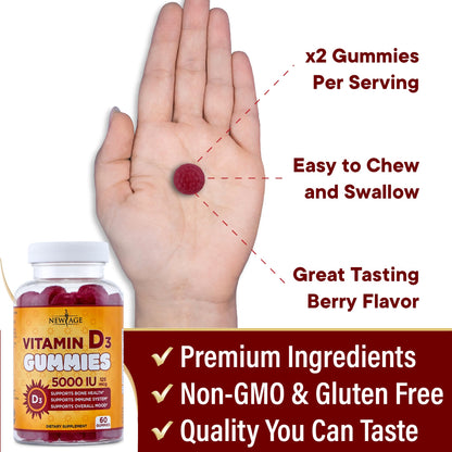 NEW AGE Vitamin D3 5000 IU Gummies – Immune & Bone Health, Non-GMO