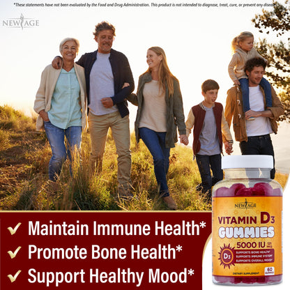 NEW AGE Vitamin D3 5000 IU Gummies – Immune & Bone Health, Non-GMO