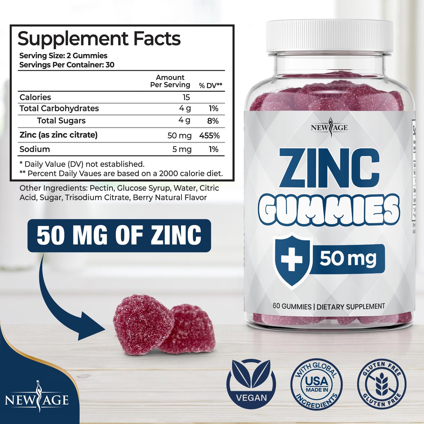 NEW AGE Zinc Gummies 60 Count - 50mg Zinc Immune Support