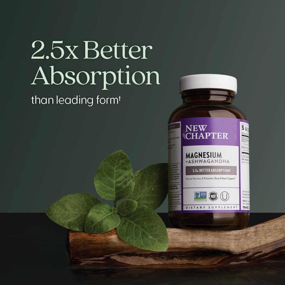 New Chapter Magnesium + Ashwagandha 325 mg Glycinate – 90 ct, 2.5x Absorption | Non-GMO